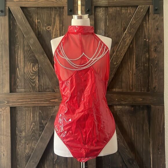 New Wet Look Patent Leather Red Bodysuit Zipper Catsuit Open Crotch Ling… - Picture 3 of 16